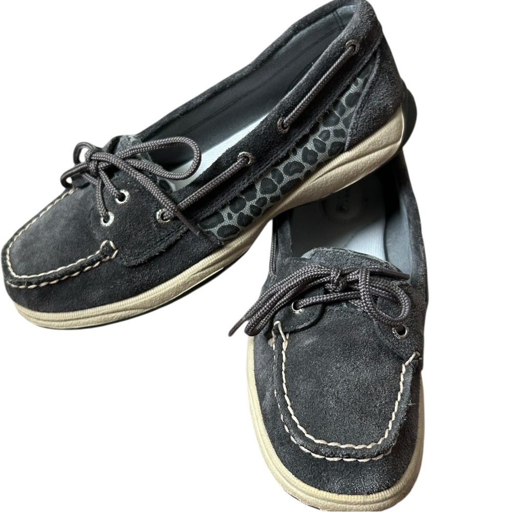 Sperry Top Sider Angelfish Gray & Animal Print  Suede Boat Shoe 7.5